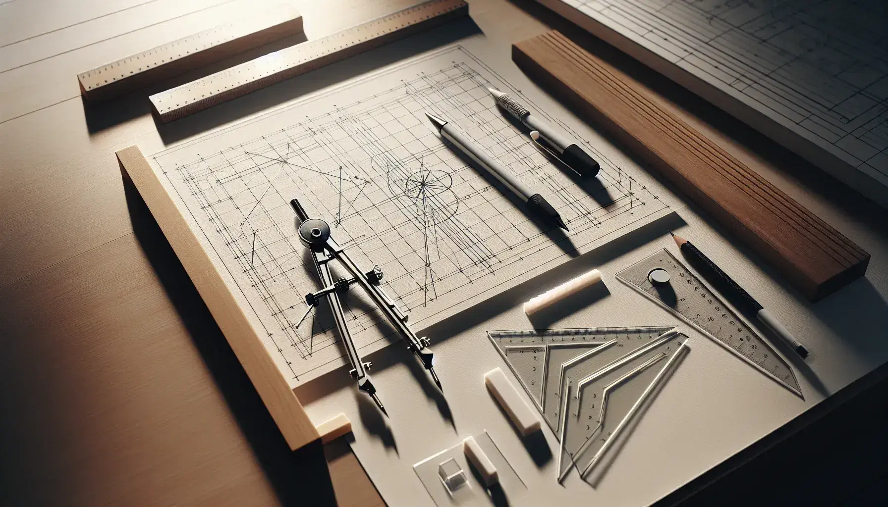 Mesa de trabajo iluminada con instrumentos de dibujo técnico y plano en proceso, incluyendo compás metálico, triángulos, lápiz mecánico y escuadra de madera.