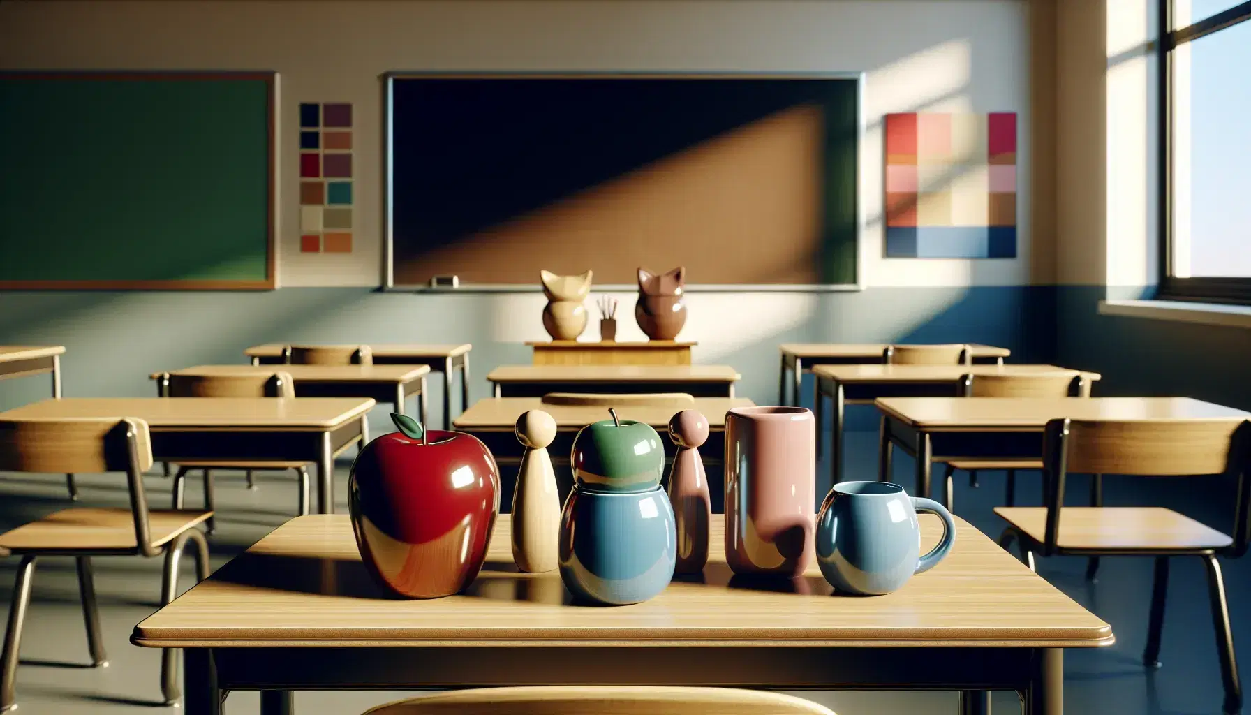 Classroom with wooden teacher's desk, red and green apples, blue mug, lavender cup, black and white cat bookends, beige walls, and chalkboard.