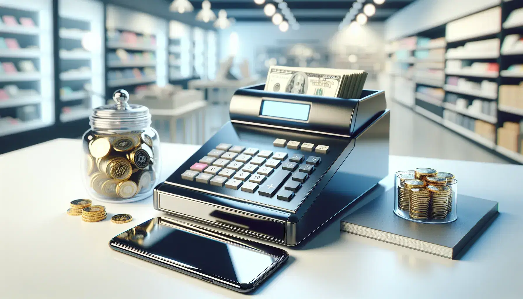 Modern cash register with open drawer revealing organized currency, adjacent to a latest-model smartphone and a jar of gold coins on a retail store counter.