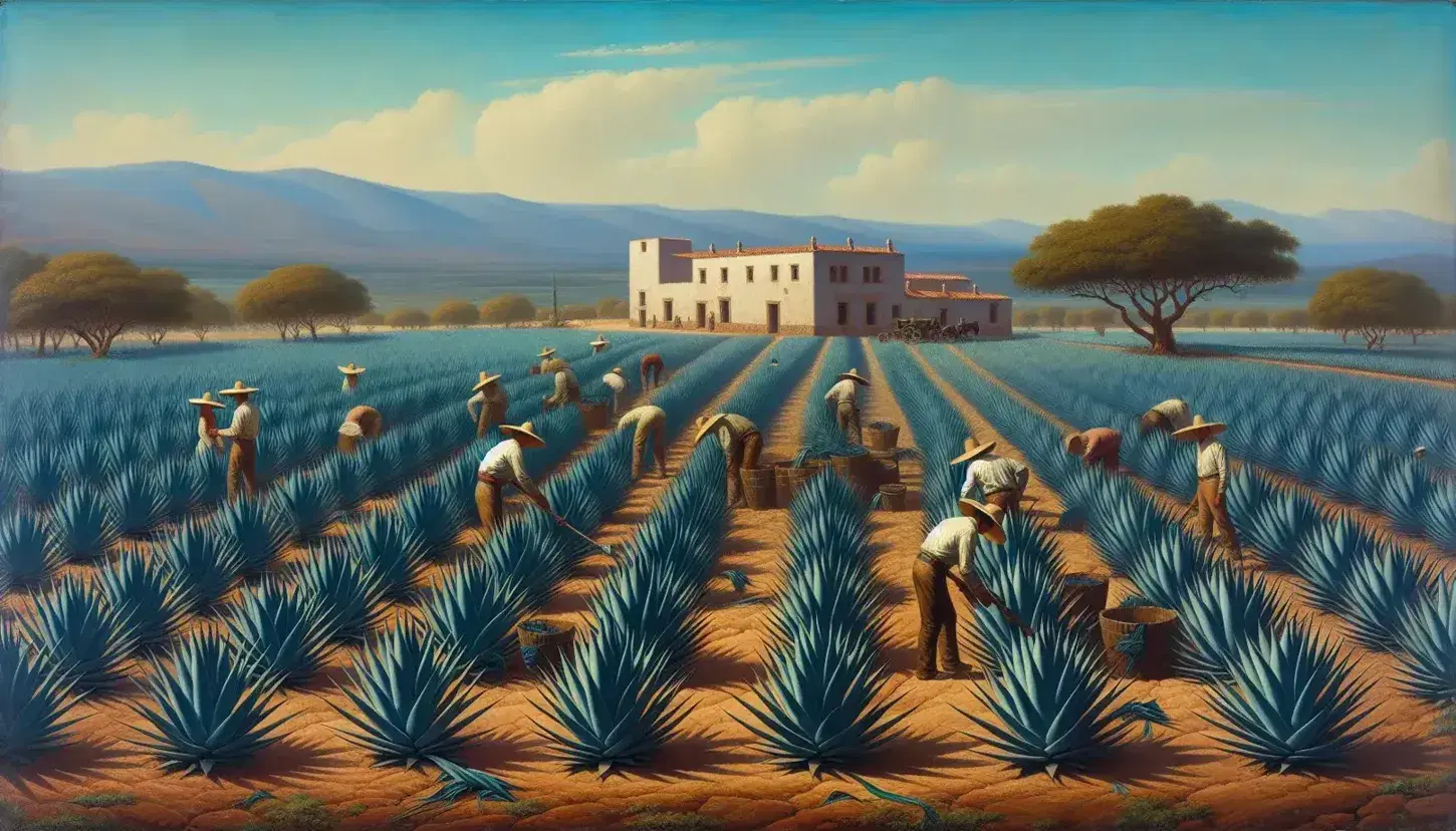 Plantación de agave azul con trabajadores cosechando bajo cielo despejado, hacienda colonial al fondo y vegetación dispersa.