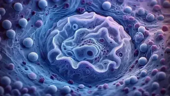 Vista microscópica de células humanas con una célula central grande y ondulada en tonos azul pálido y células menores moradas con núcleos visibles.