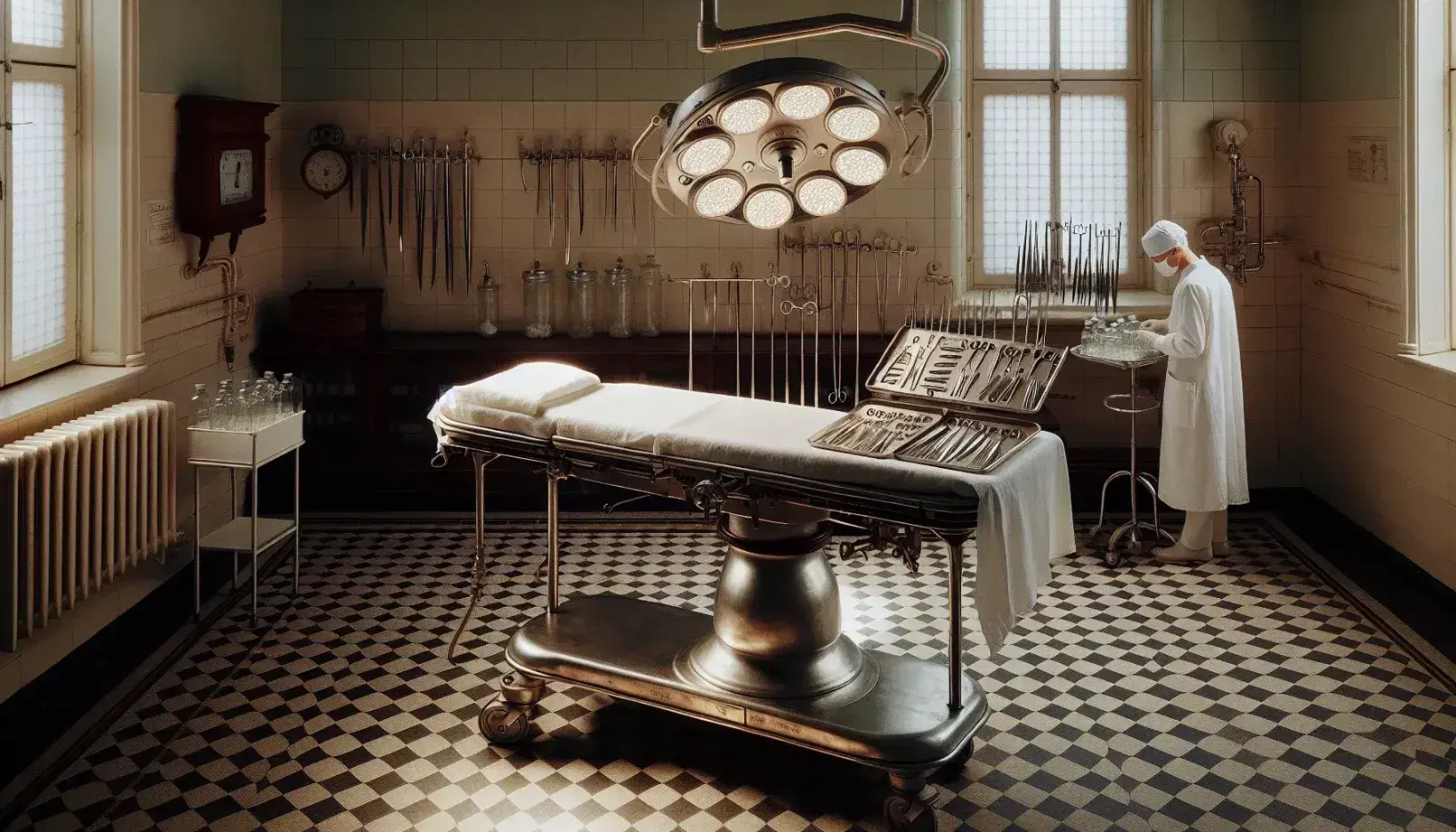 Sala de operaciones antigua con mesa metálica, lámpara quirúrgica, instrumentos quirúrgicos y médico lavándose las manos en un ambiente estéril y sereno.