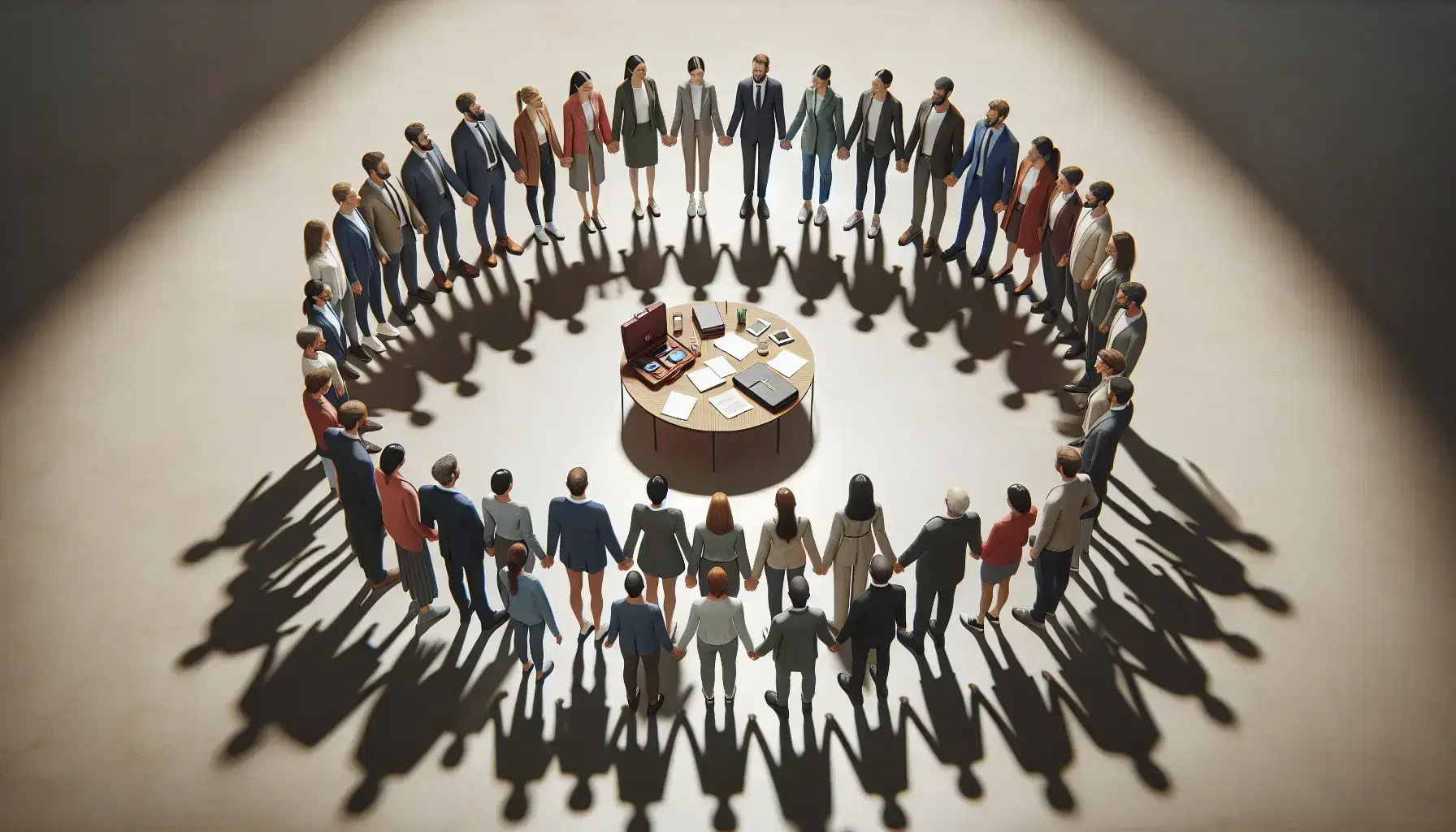 Grupo diverso de personas unidas de las manos en círculo alrededor de una mesa con maletín, papeles y móvil, en un espacio iluminado.