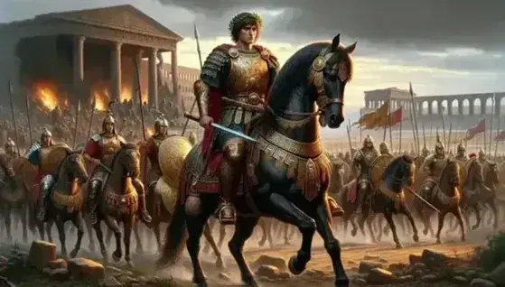 Giovane guerriero con corona d'alloro e armatura in bronzo cavalca destriero marrone scuro in battaglia, tra rovine fumanti e cielo arancione.