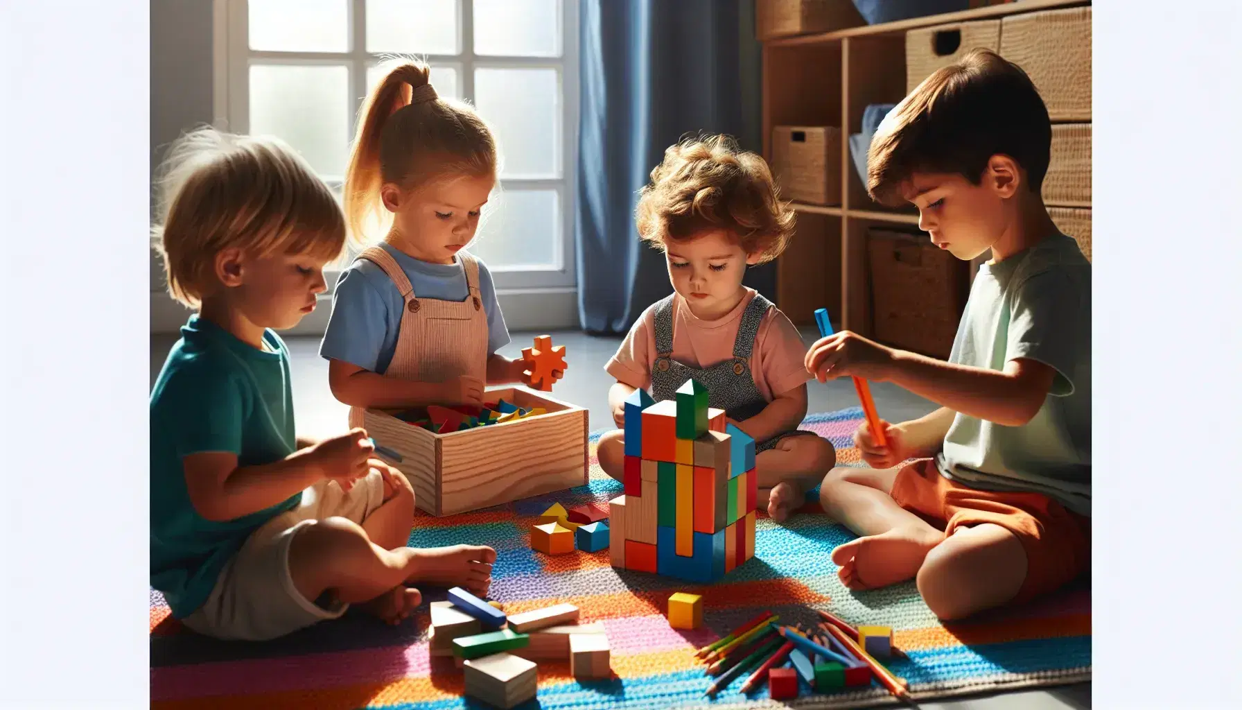 Niños en actividad educativa con juguetes didácticos, bloques de construcción, rompecabezas y dibujo, en un ambiente iluminado naturalmente.