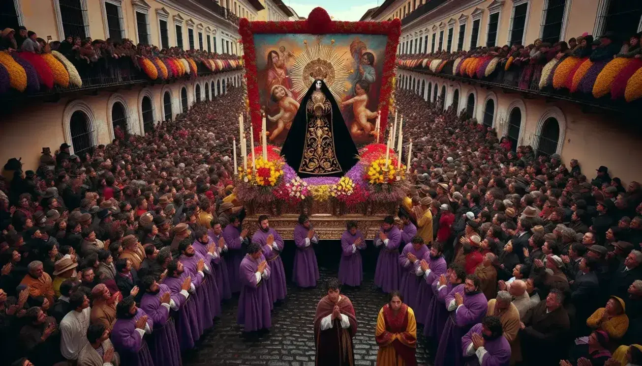 Procesión religiosa en calle empedrada con fieles en túnicas moradas cargando andas floridas y figura sagrada, bajo un cielo azul intenso.