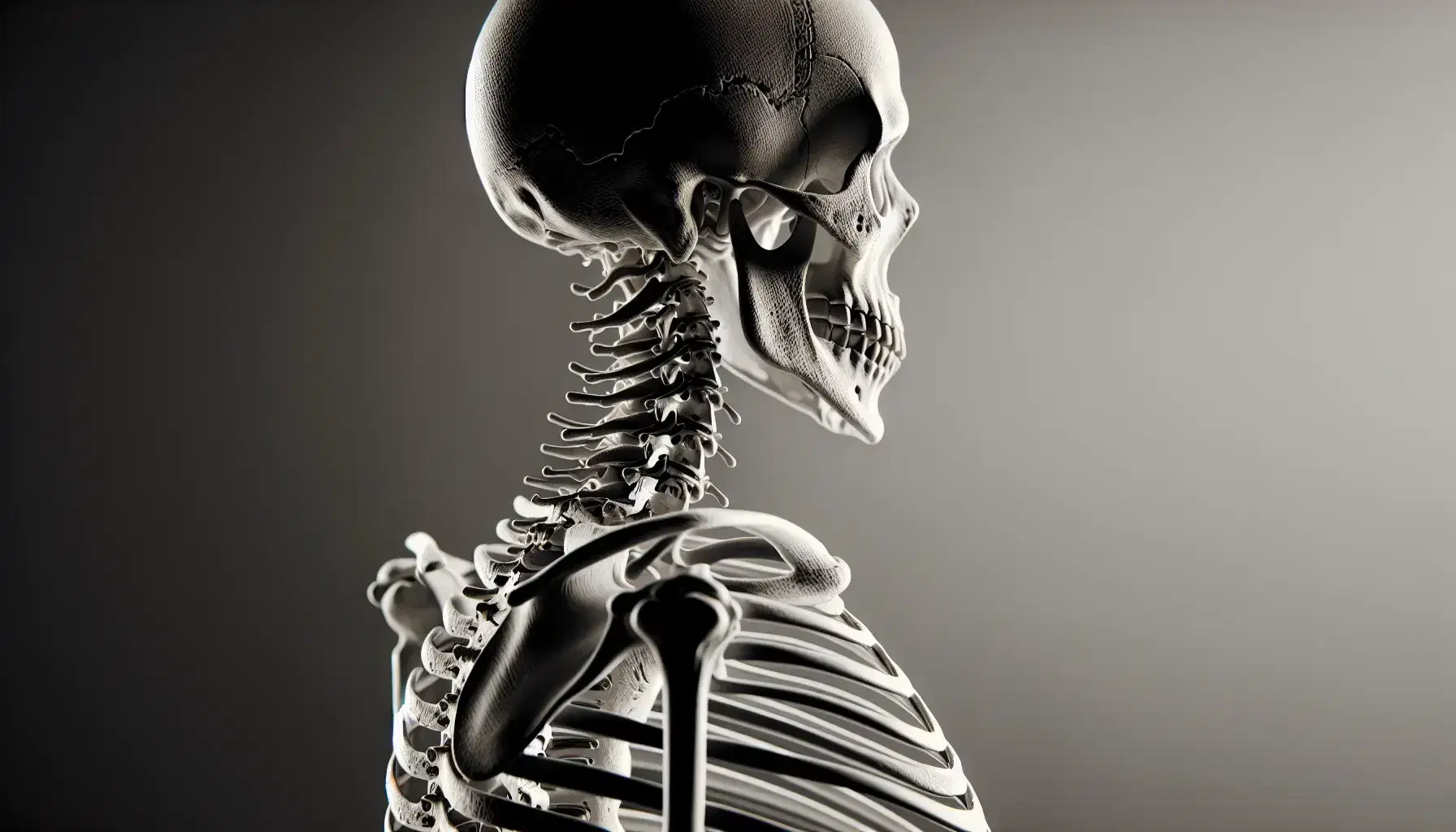 Esqueleto humano con enfoque en la caja torácica, mostrando columna vertebral, costillas y esternón en fondo neutro, sin tejidos blandos.