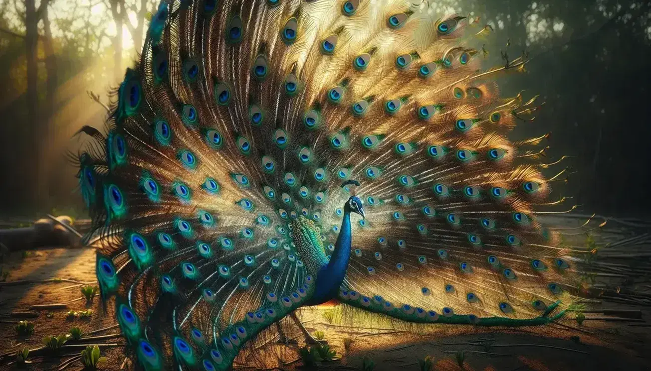 Pavo real macho exhibiendo su espléndida cola desplegada con ocelos iridiscentes en tonos azules, verdes y dorados, en un entorno natural difuminado.