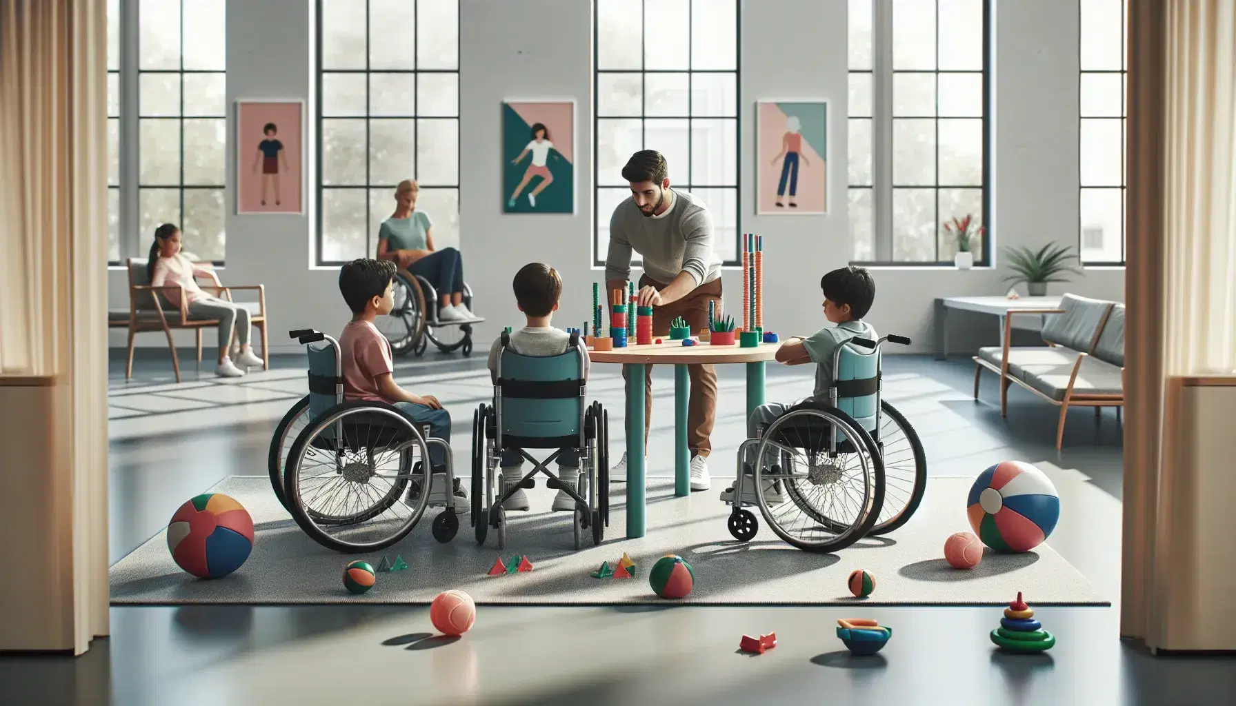 Aula luminosa con estudiantes en sillas de ruedas adaptadas realizando ejercicios de motricidad con bloques y bandas elásticas, asistidos por un adulto.