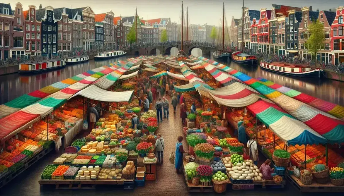 Mercato all'aperto olandese con bancarelle colorate di formaggi, tulipani e prodotti agricoli, visitatori che passeggiano vicino a un canale con barche.