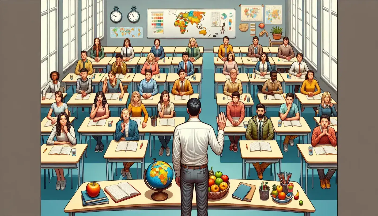 Diverse students in a classroom with a teacher gesturing, desks in a semi-circle, and a desk with a globe, clock, fruit bowl, and weather vane.