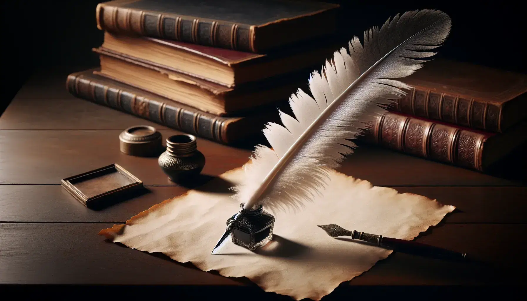 Vintage quill pen on blank parchment with brass inkwell on a dark wooden desk, beside out-of-focus leather-bound books, in a warm-lit, studious setting.