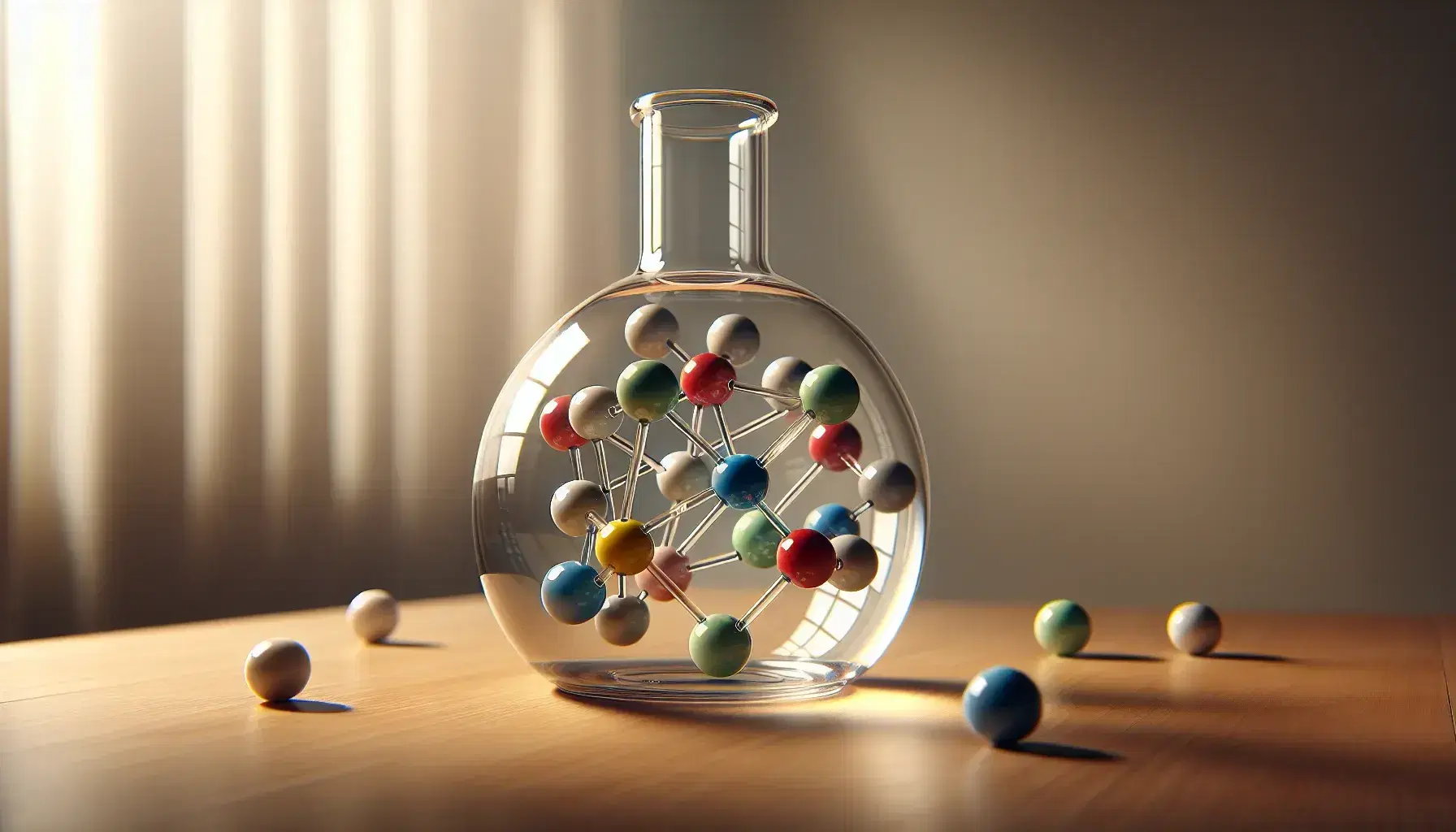Colorful molecular model in a glass flask on wooden table, with red, blue, green, yellow and white spheres connected by translucent sticks.