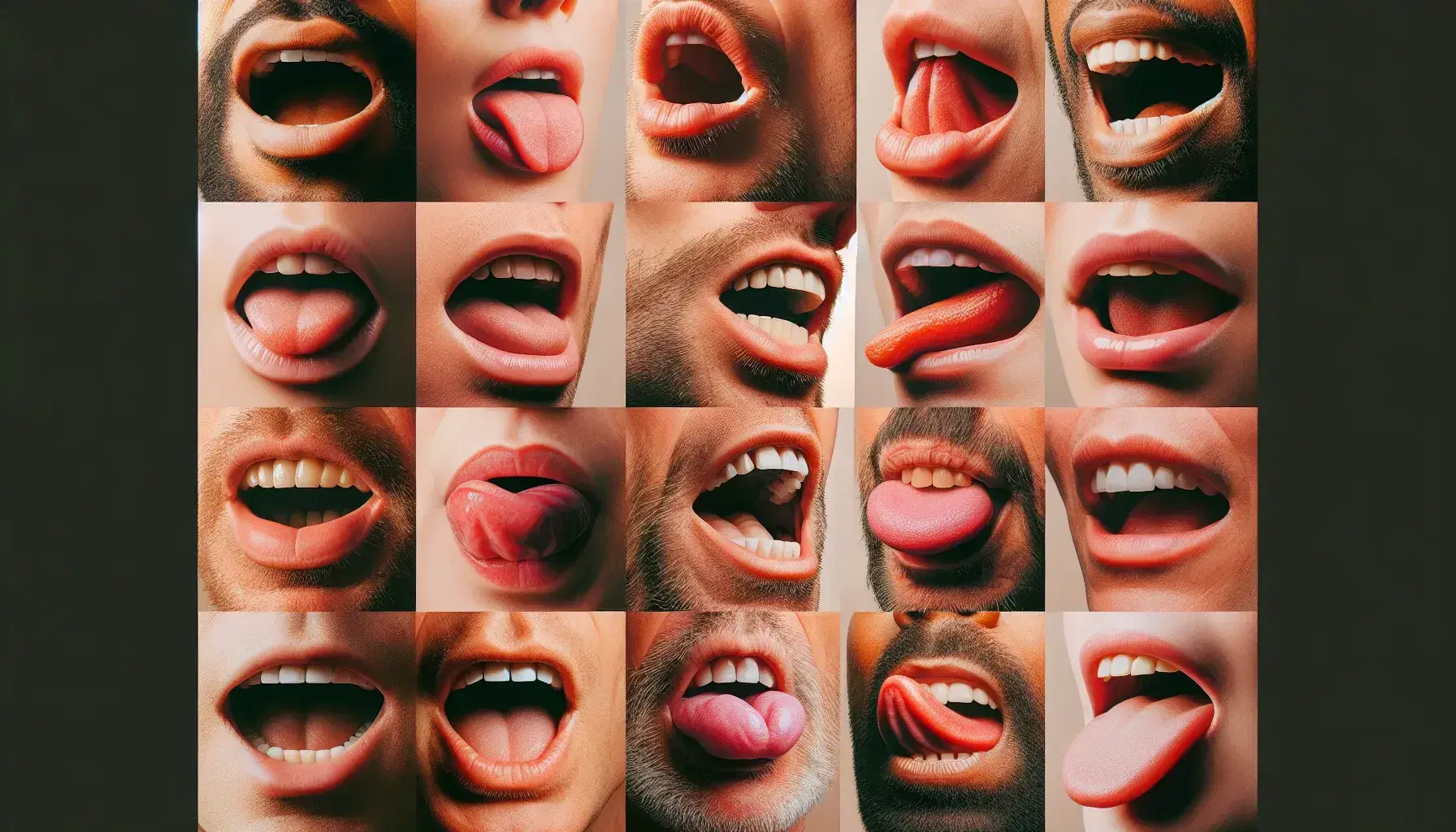 Diverse human mouths in mid-speech showcasing various articulations, with lips, teeth, and tongues positioned for sound production.