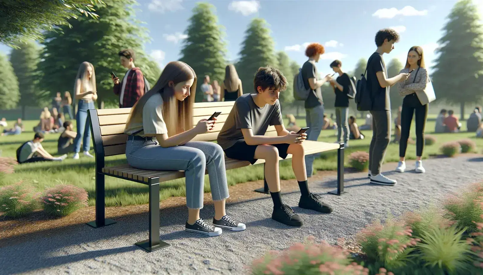 Dos adolescentes, un chico y una chica, sentados en un banco de parque mirando un smartphone juntos, rodeados de árboles y otros jóvenes al fondo en un día soleado.