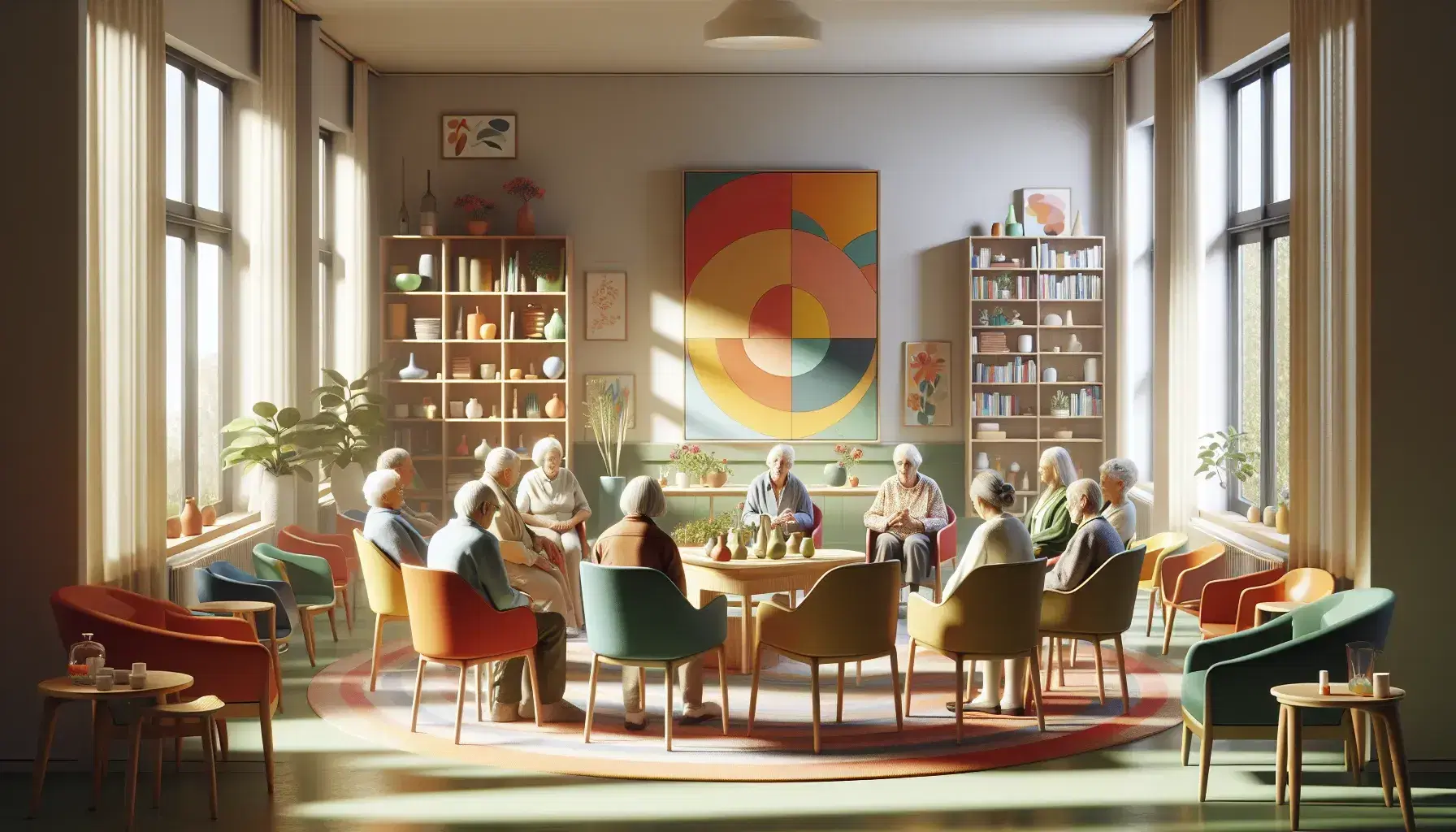 Gruppo di persone di diverse età in cerchio su sedie colorate in un centro di assistenza sociale, con piante e quadri astratti sullo sfondo.