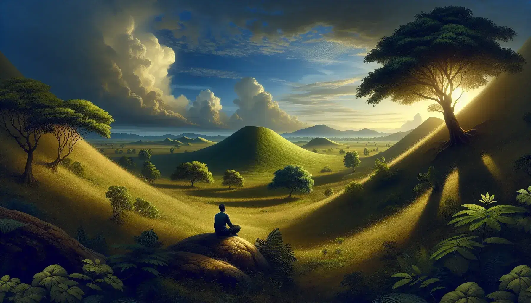 Paesaggio naturale con collina erbosa e alberi isolati, figura umana seduta su roccia in contemplazione, cielo azzurro con nuvole.