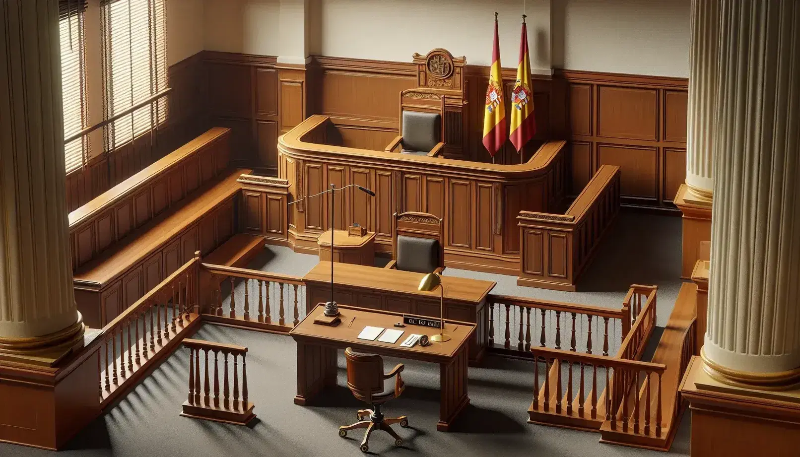 Empty Spanish courtroom with polished wood judge's bench, witness stand, clerk's desk, public seating, and a vibrant red and yellow flag.