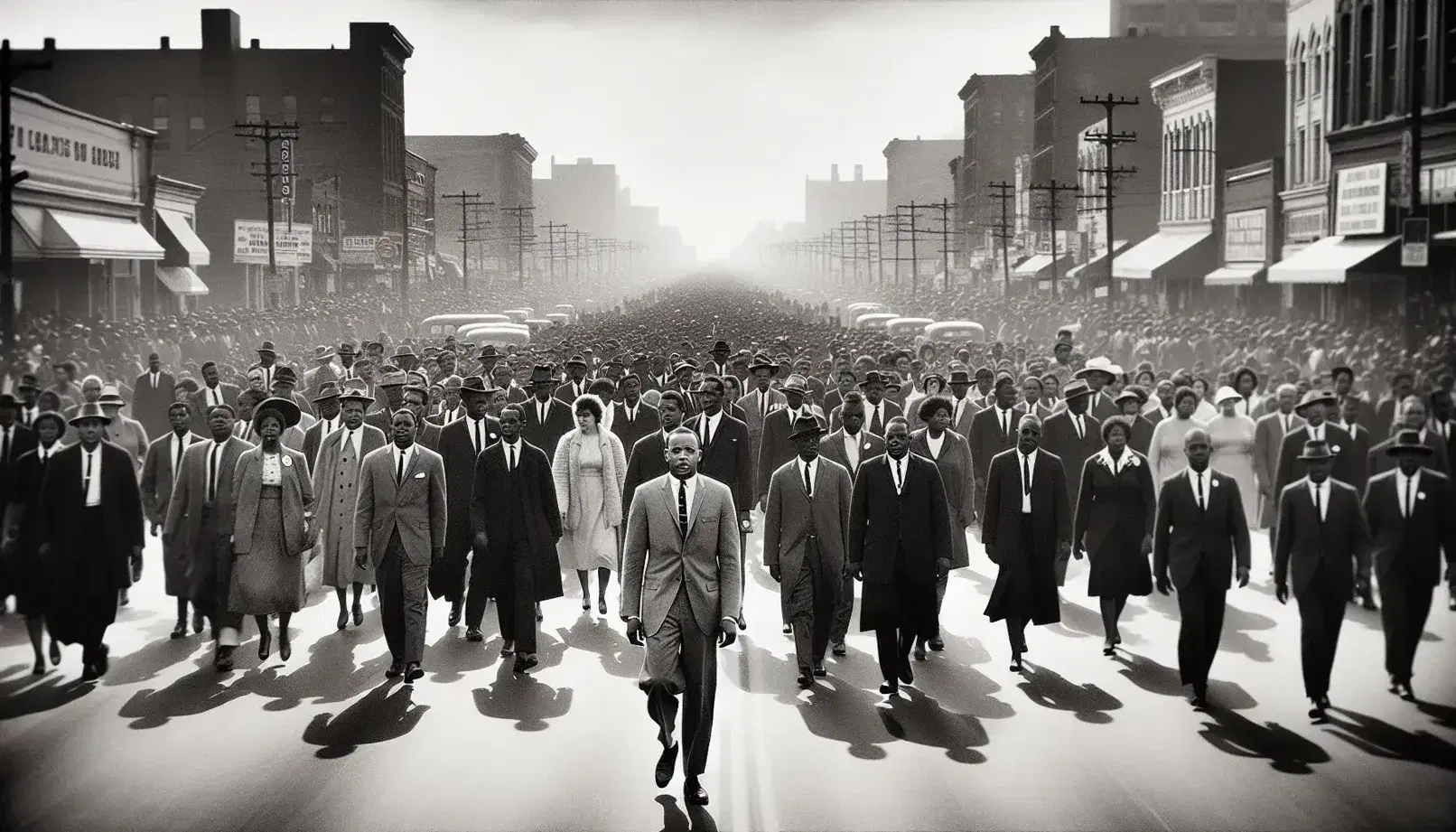 Civil rights march in black and white historical photo, with man in the foreground and varied crowd on city street, without signs.
