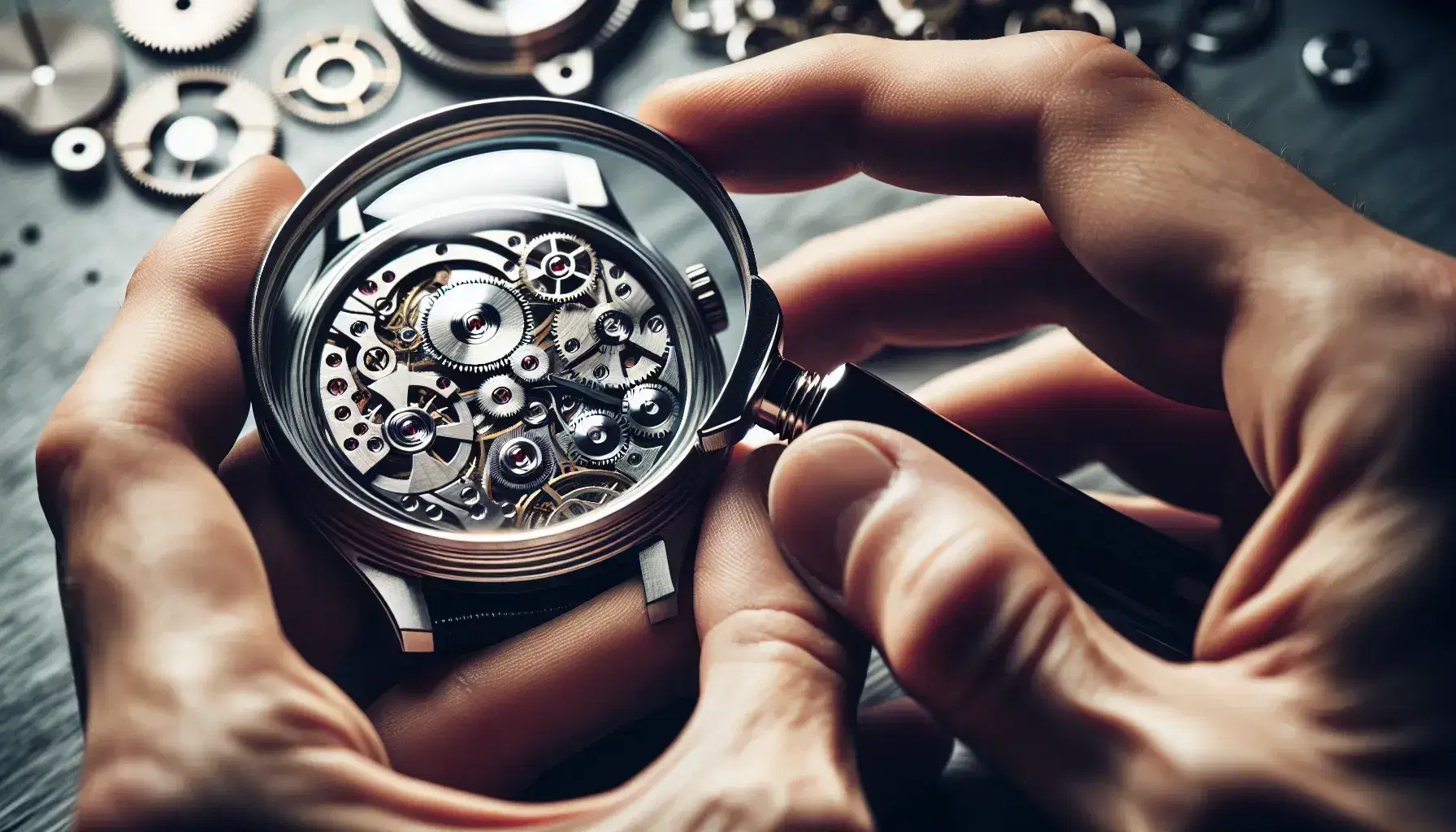 Close-up view of hands holding a magnifying glass over a mechanical wristwatch, revealing detailed gears and springs through a transparent casing.