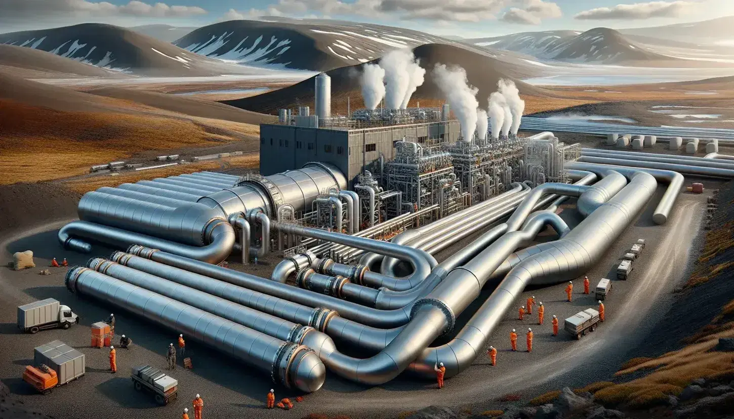 Geothermal power plant in rugged landscape with metal pipes, building with cooling tower and workers in safety equipment.