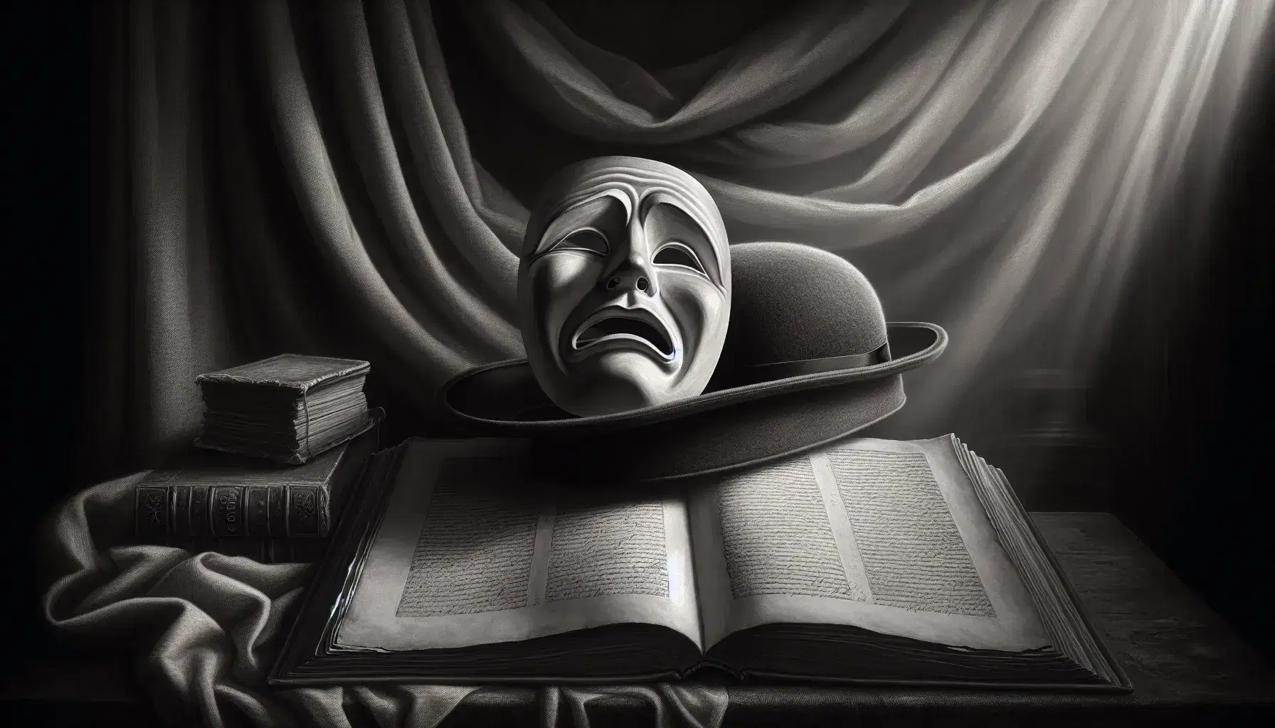 Maschera teatrale classica su manoscritto antico con sfondo di sipario rosso scuro e cappello d'epoca, in una scena che evoca il teatro di Pirandello.