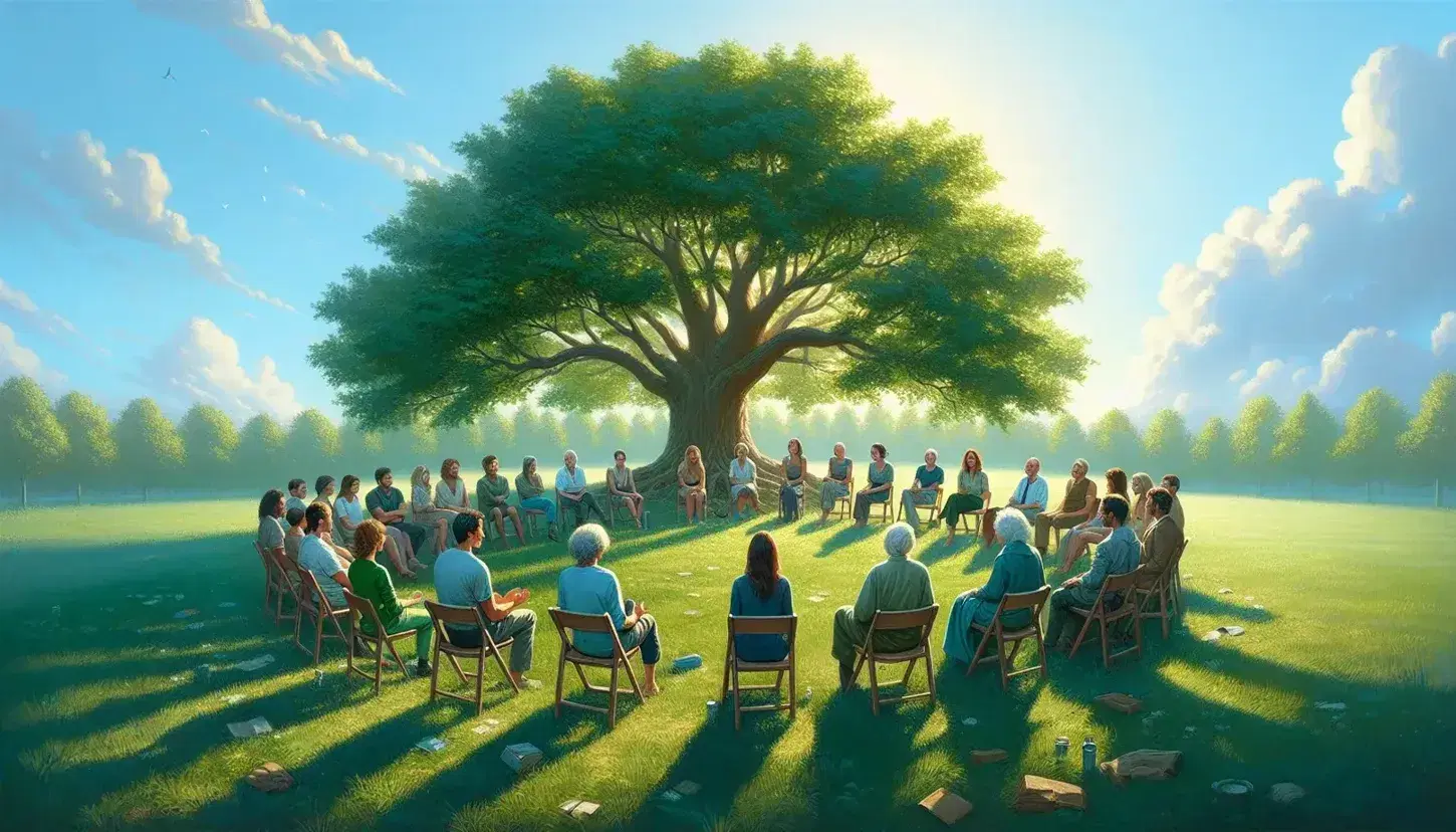 Gruppo multietnico seduto in cerchio su sedie in parco con albero centrale, conversazione vivace sotto cielo azzurro.
