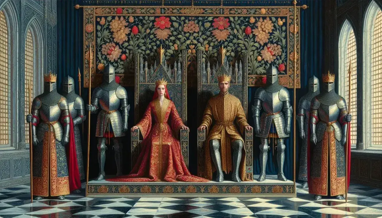 Rey y reina sentados en tronos ornamentados con guardias y leones de piedra en una sala iluminada, destacando la opulencia de sus vestimentas y coronas.