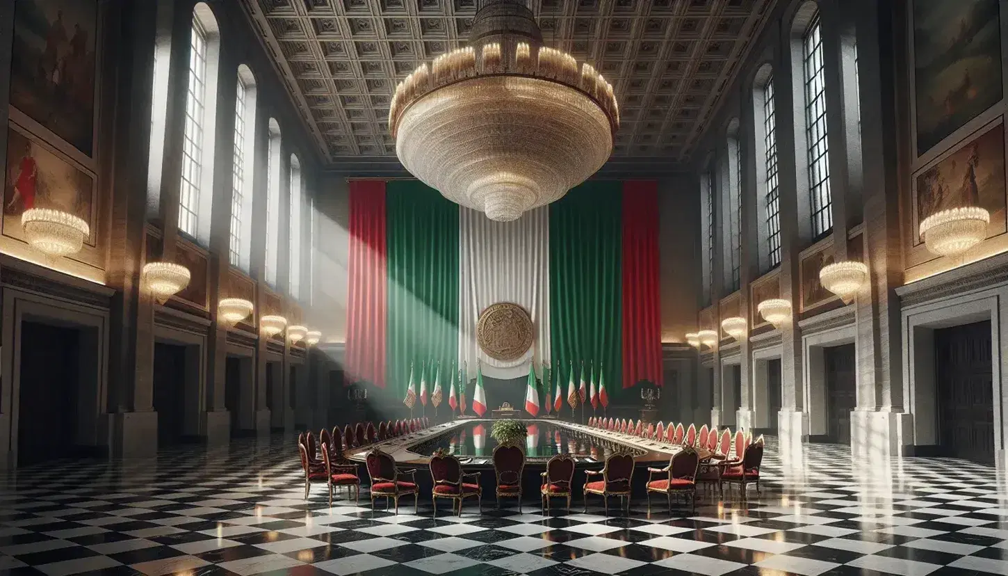 Interno solenne con tavolo ovale in legno, sedie in velluto rosso e bandiera italiana, illuminato da candelabri e luce naturale.