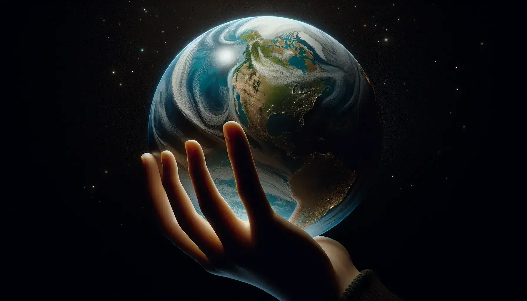 Globo terrestre fluttuante con continenti in evidenza, mano umana simboleggia cura, su sfondo spaziale stellato.