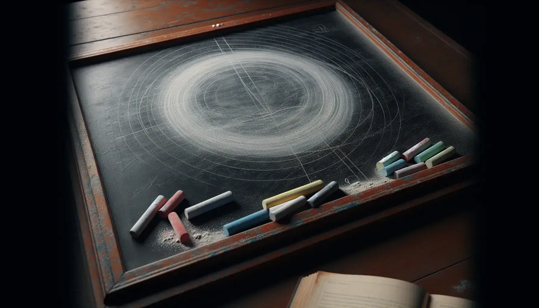 Close-up angled view of a used blackboard with a clean elliptical shape in the center, colorful chalk sticks on the ledge, and a blurred textbook on a desk.