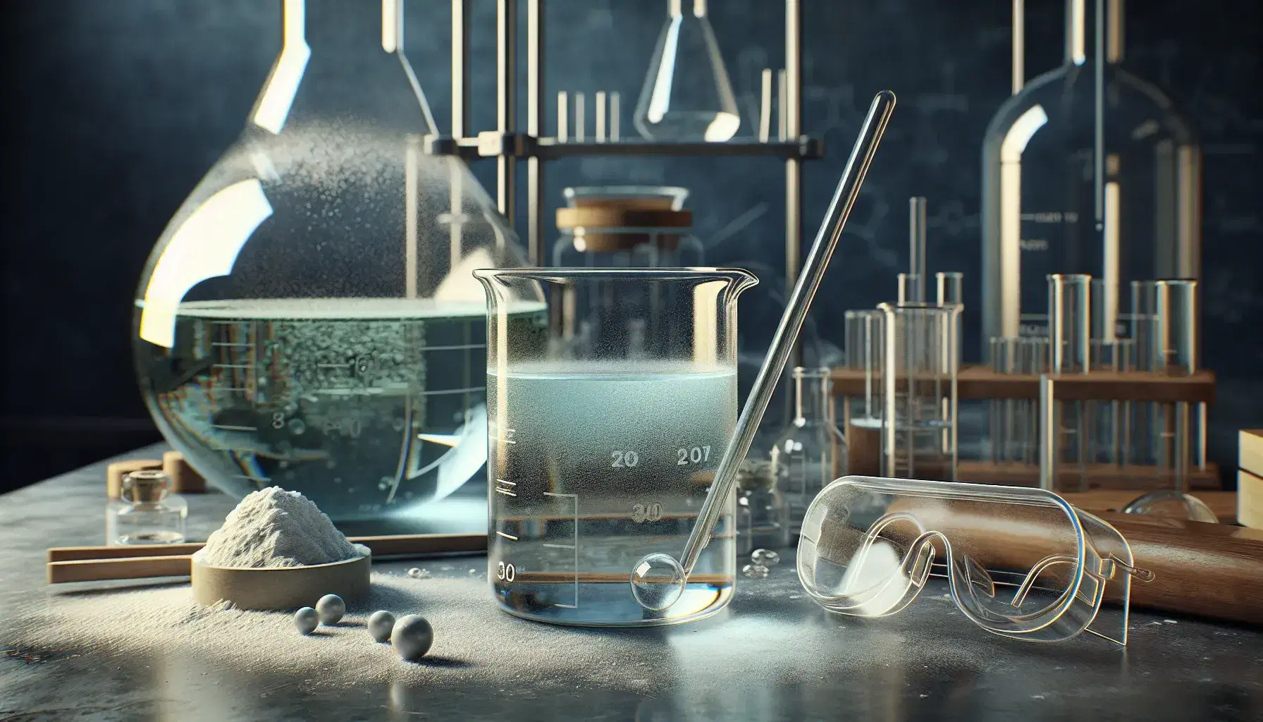 Laboratory with glass beaker containing slightly blue transparent liquid, safety glasses, mortar with white powder and flask with chemical reaction.