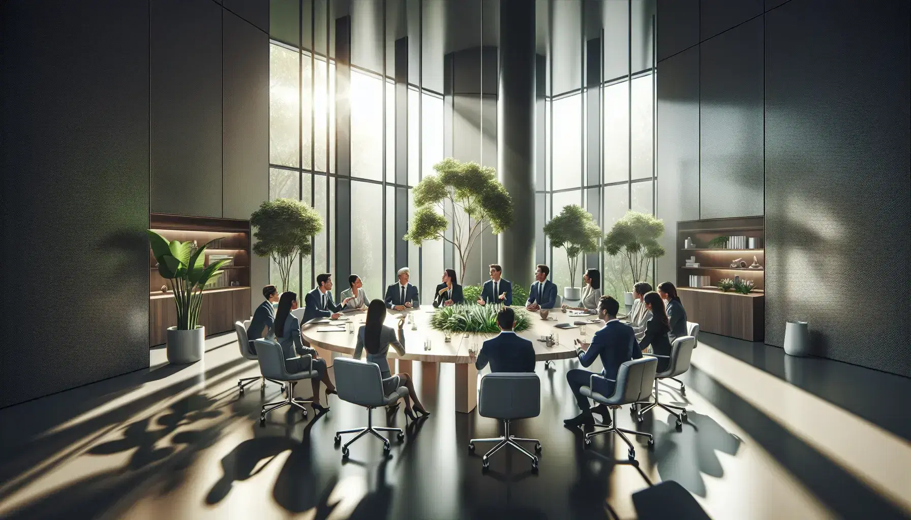 Sala riunioni moderna con persone in abiti formali attorno a un tavolo ovale, luce naturale, sedie ergonomiche e pianta verde.