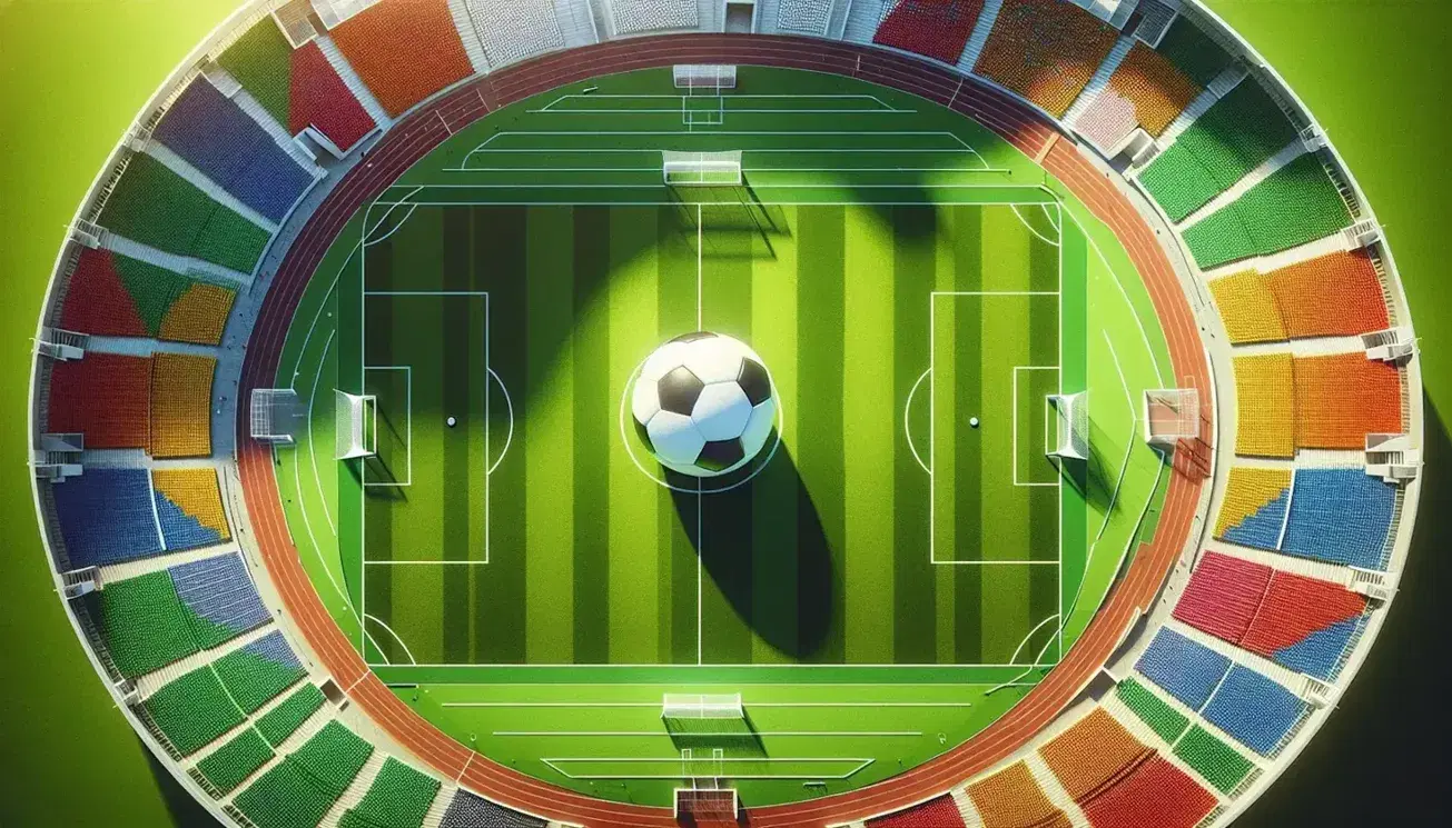 Vista aérea de un campo de fútbol con césped verde, balón en el centro, líneas delimitadoras blancas, porterías y asientos coloridos en las gradas vacías.