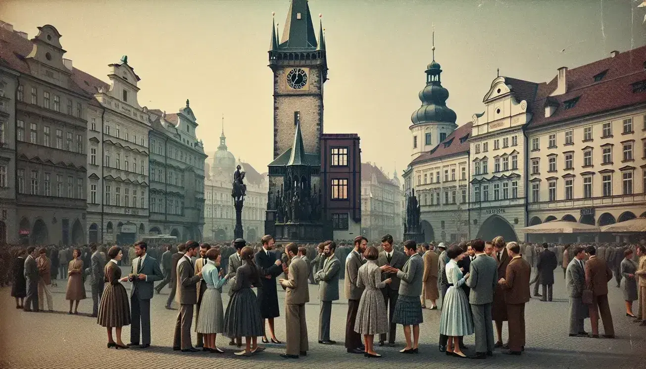 Bustling Prague city square in the late 1960s with people in period attire, historic clock tower, ornate buildings, cobblestone paths, and a vintage tram.