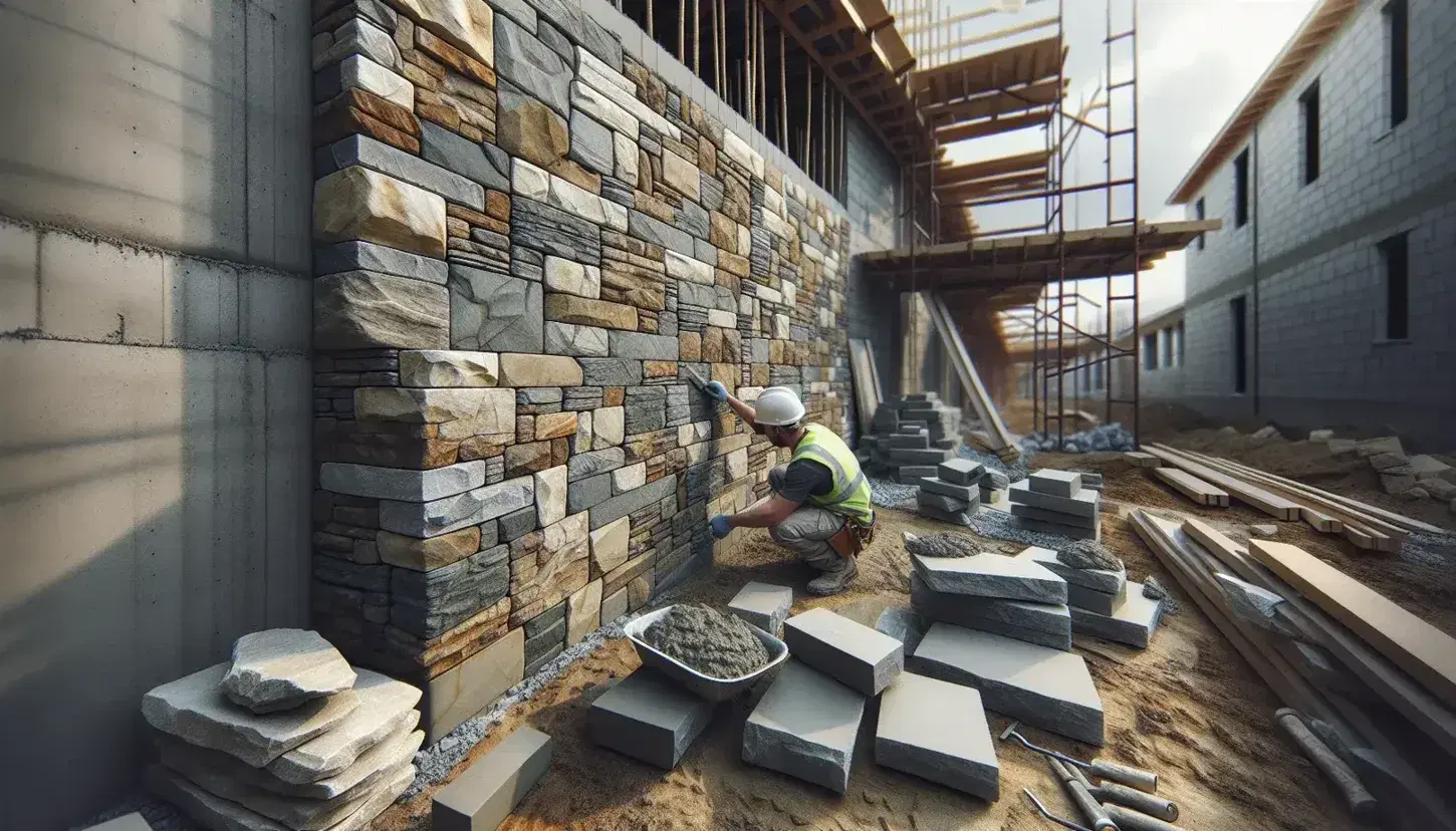 Muro de mampostería en construcción con trabajador aplicando mortero, rodeado de piedras naturales y andamio metálico en obra al aire libre.