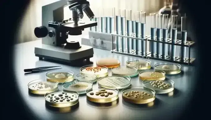 Colture batteriche variopinte su terreno agar in piastre di Petri in laboratorio con microscopio sfocato sullo sfondo.