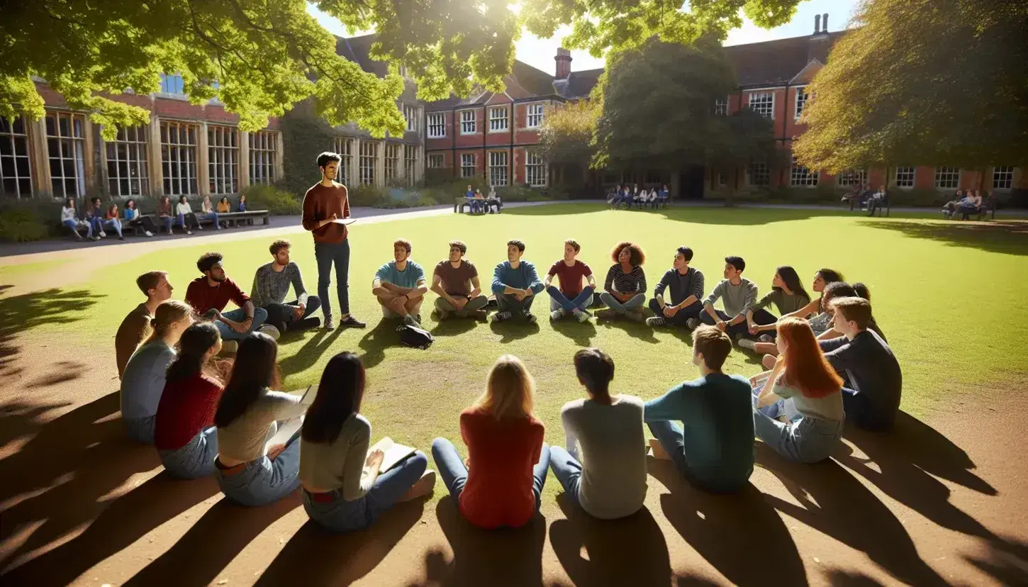 Grupo de jóvenes adultos atentos participando en una charla al aire libre en un campus universitario, con árboles y edificios de ladrillo al fondo.