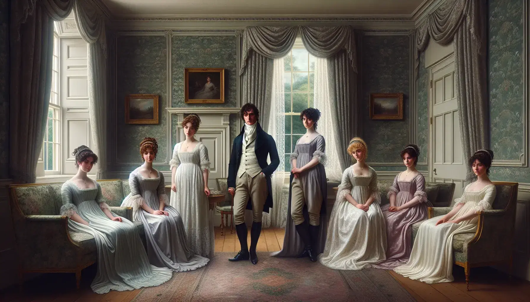 Regency-era drawing room with the Bennet family from Pride and Prejudice, women in pastel gowns, man in tailcoat, elegant furniture, and a tea set.