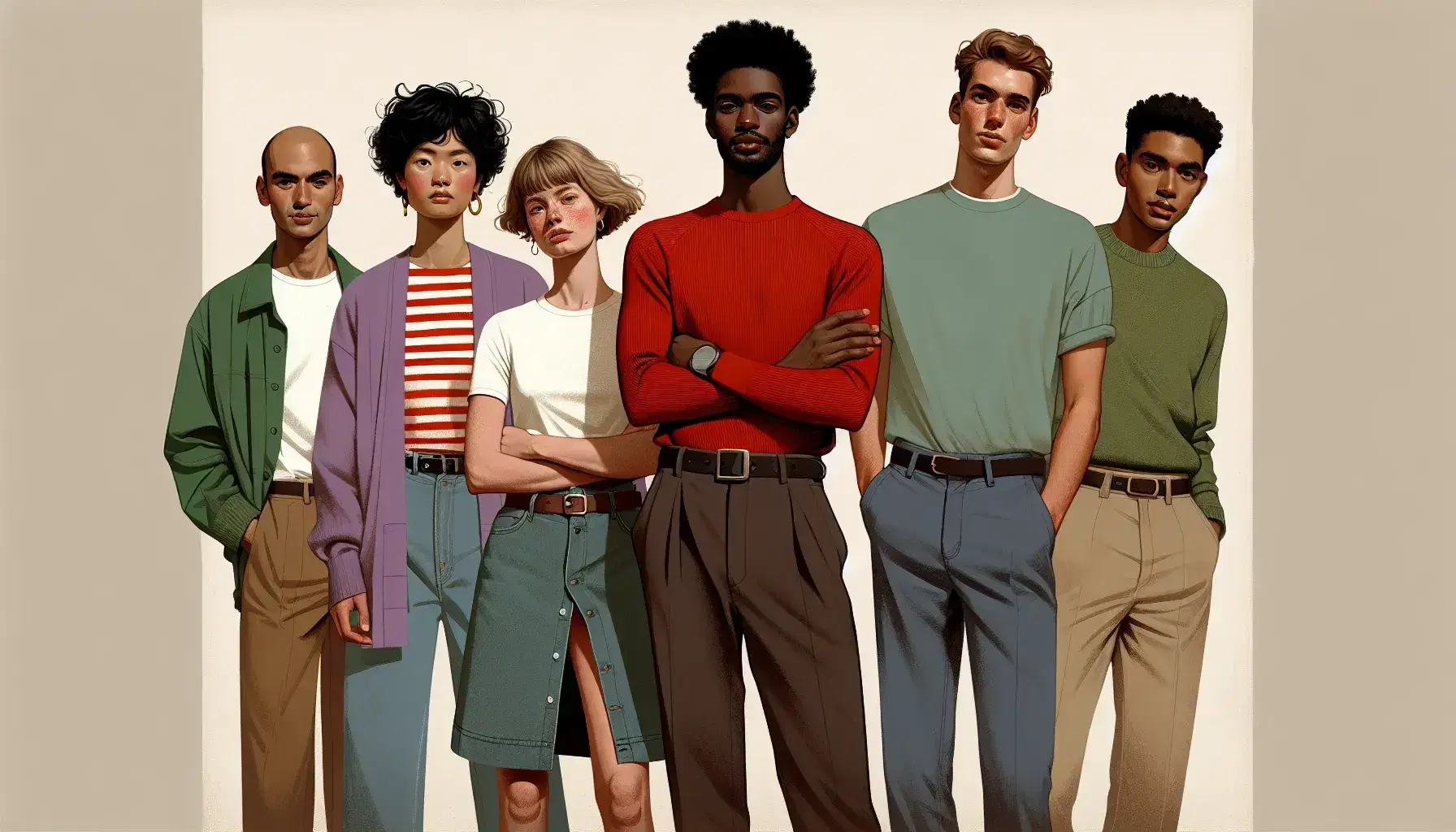 Group of six diverse individuals in casual attire, with staggered positioning, against a light beige background, showcasing a range of skin tones and hairstyles.