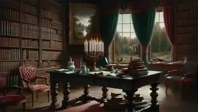 Salón del siglo XIX con mesa de madera oscura y candelabro de bronce, silla con tapizado rojo, estantería llena de libros encuadernados en cuero y ventana con cortinas verdes.