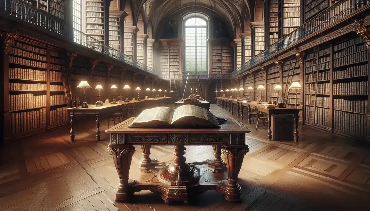 Serene historic French library with polished wooden table, open antique book, and shelves filled with aged tomes, bathed in natural light.