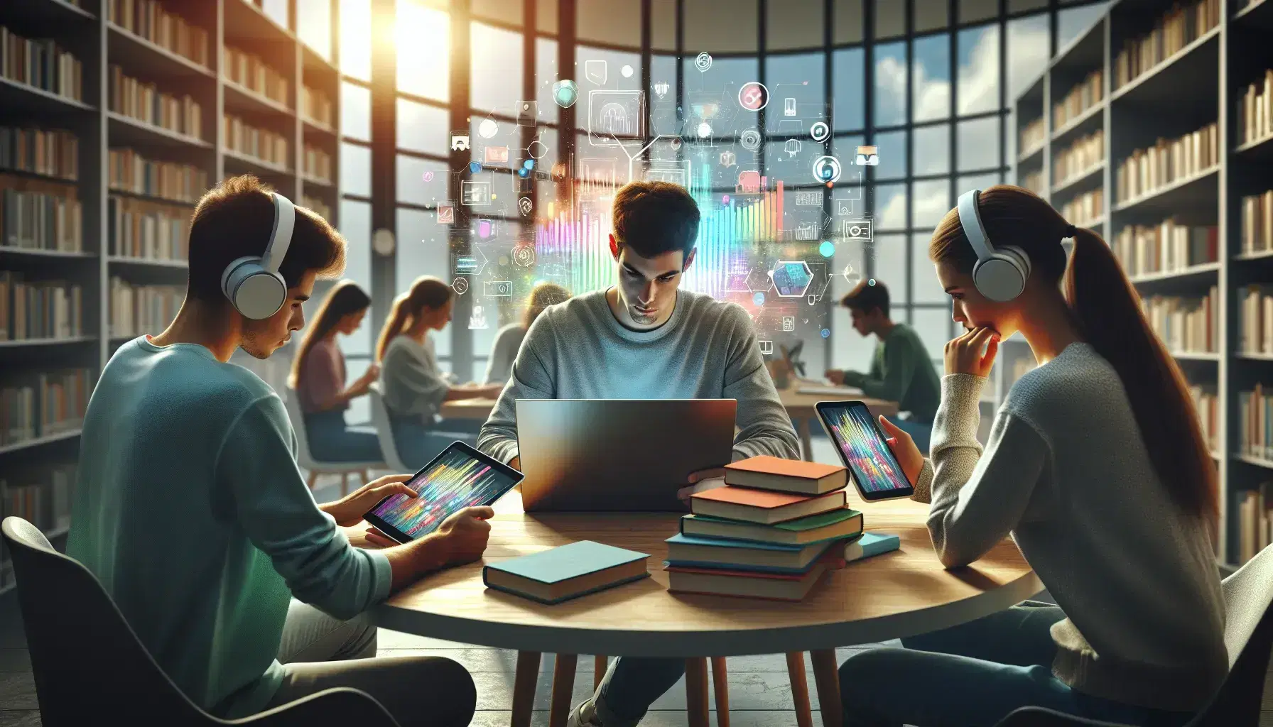 Estudiantes concentrados estudiando con tecnología en biblioteca iluminada, con libros, laptop y dispositivos móviles en mesa de madera.