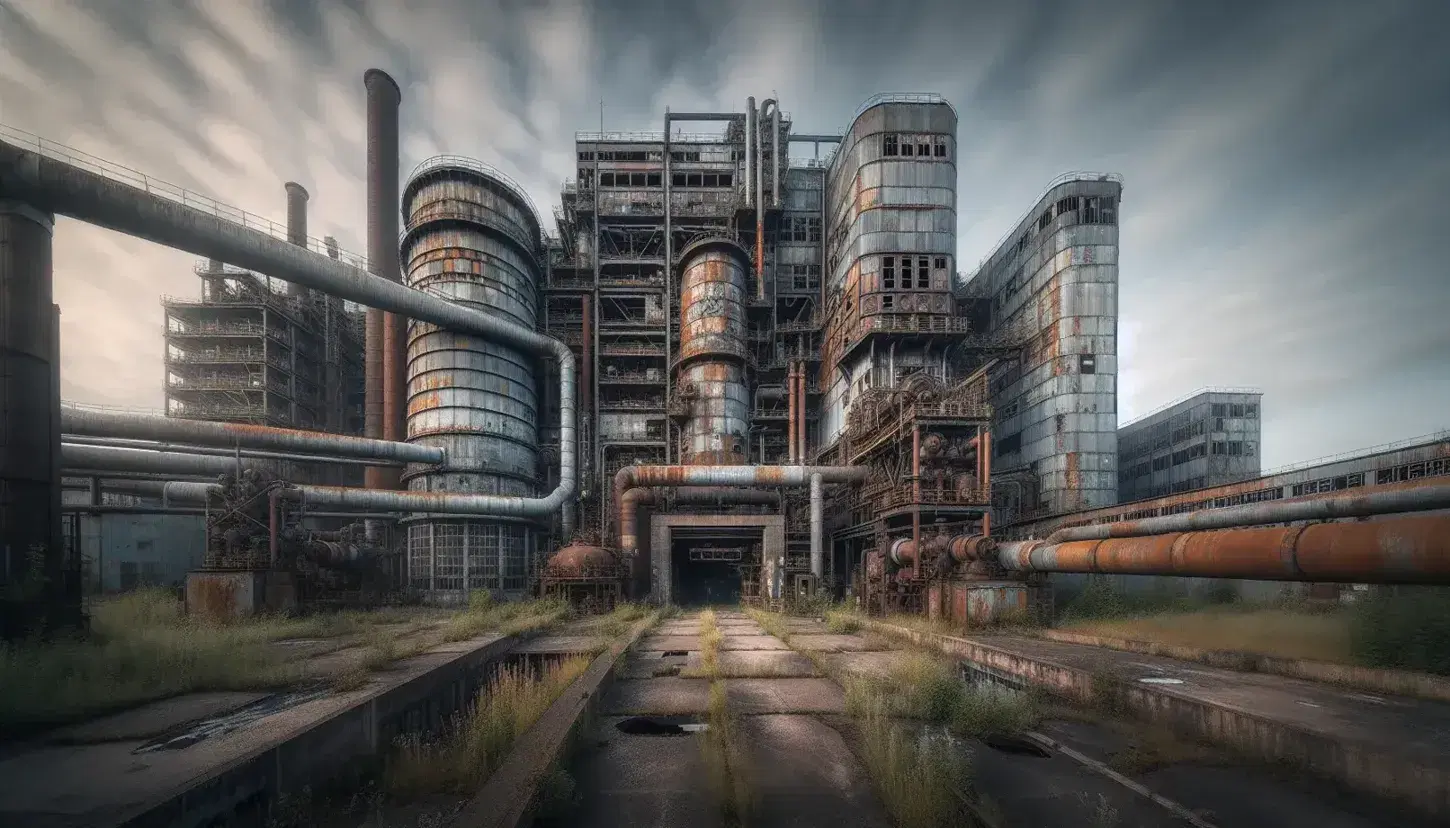 Wide-angle view of a derelict factory with rusting buildings, broken windows, overgrown weeds, and decommissioned machinery under an overcast sky.