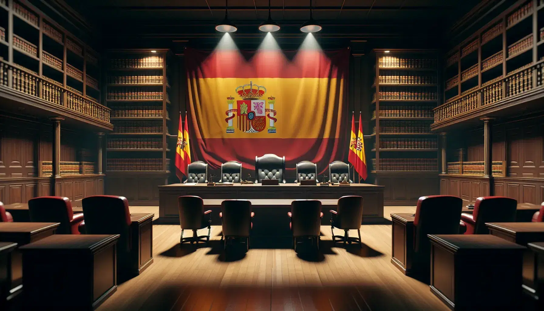 Sala de tribunal vacía con mesa central de madera oscura, sillas a los lados, estrado con silla roja para el juez y bandera de España sin escudo.