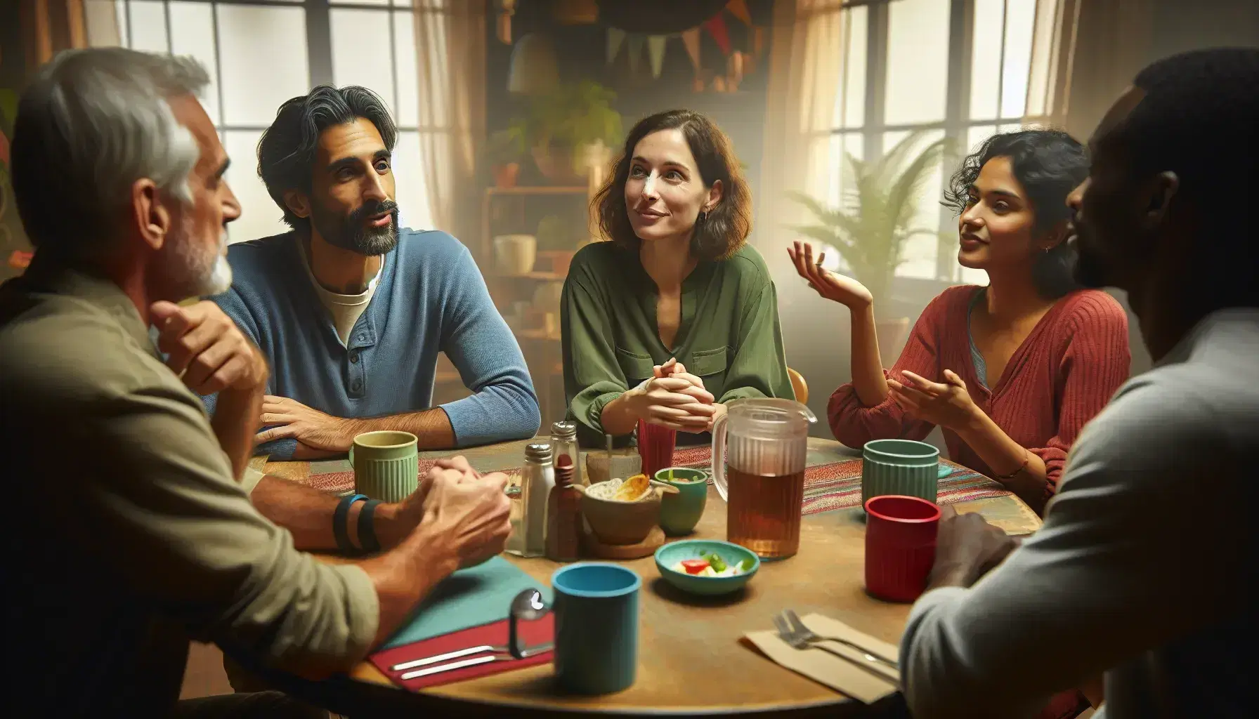 Four diverse individuals engaged in animated discussion at a cafe table with colorful mugs and plates, reflecting a multicultural exchange in a casual setting.