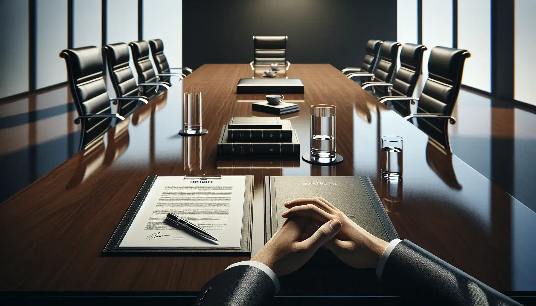 Hands clasped in thought over a polished conference table with documents, a silver pen, a water pitcher, and a glass in a professional meeting room setting.