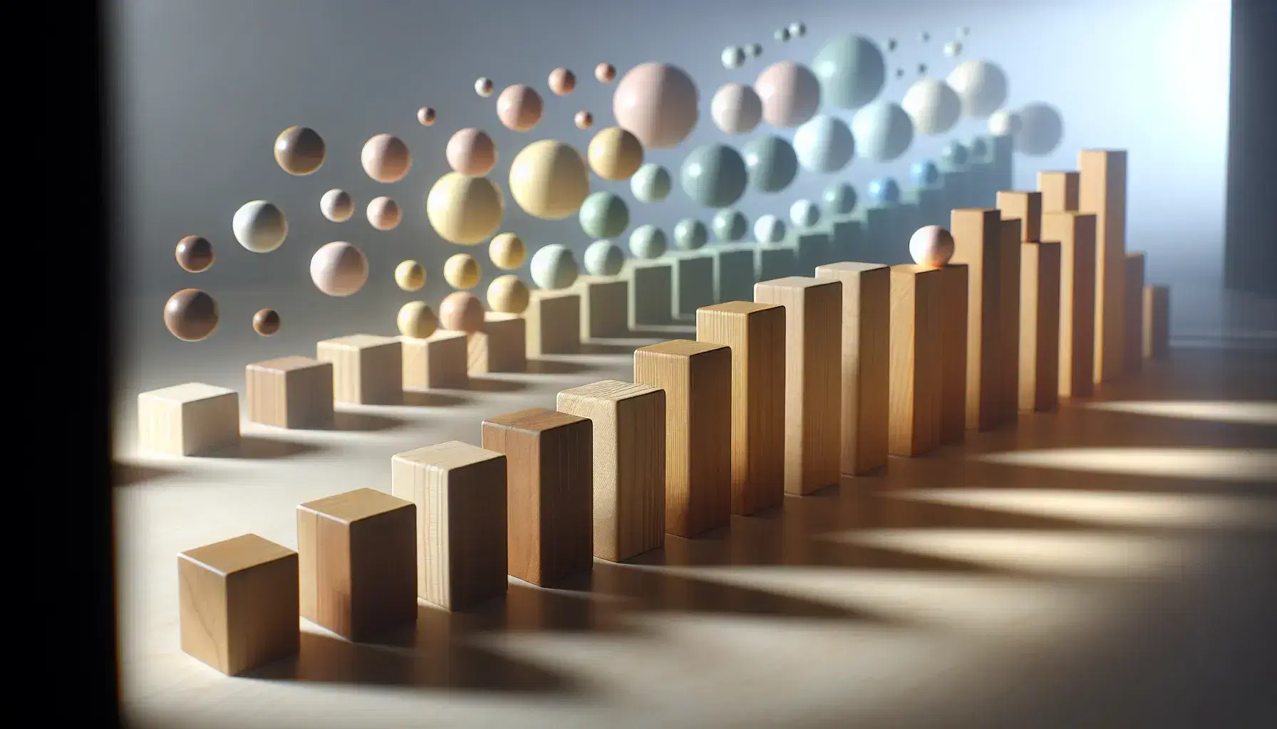 Bloques de madera en gradiente de altura sobre superficie lisa con esferas de colores suaves desenfocadas en el fondo, iluminación suave y sombras leves.