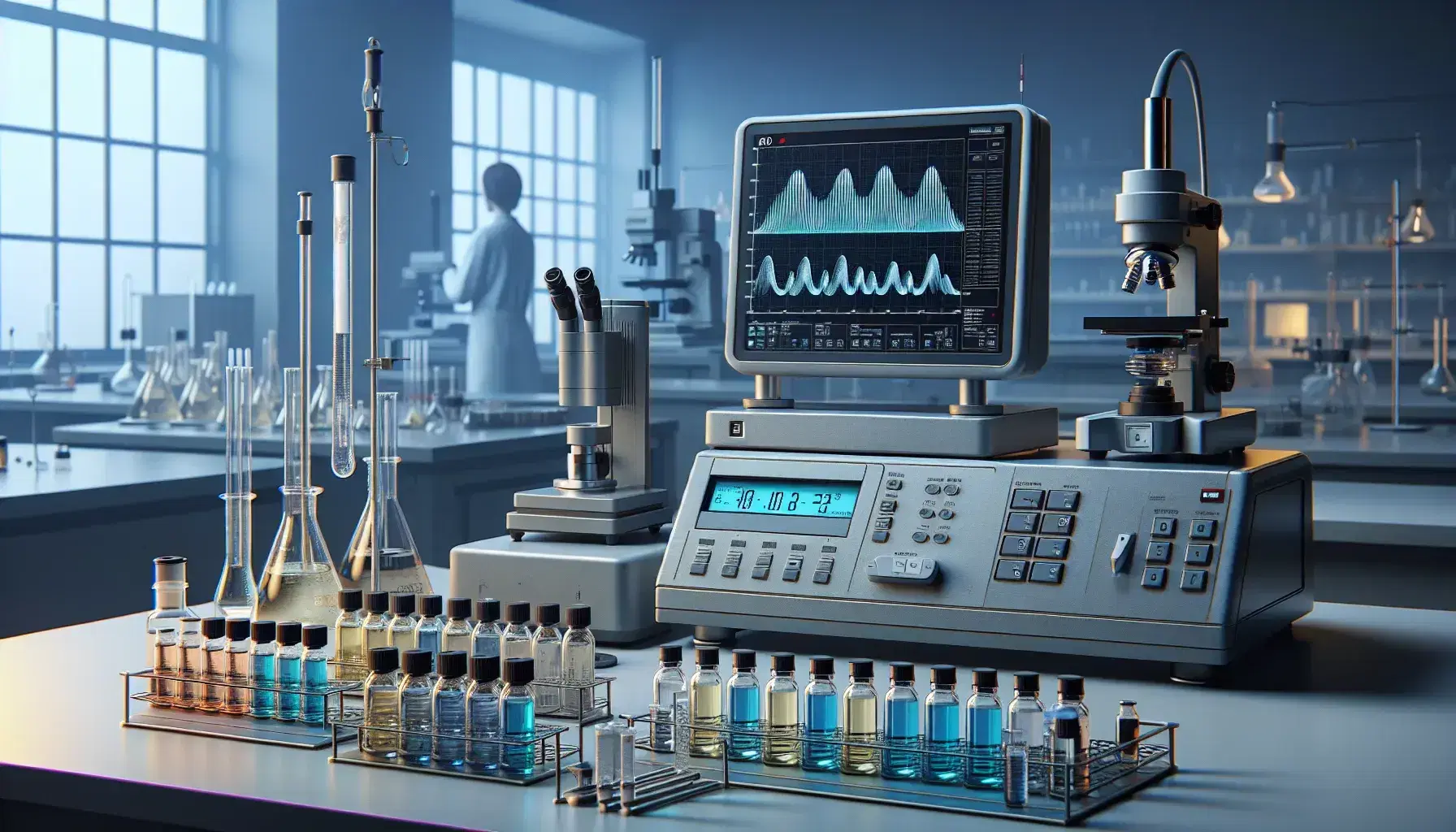 Laboratorio de química analítica con espectrofotómetro, viales de líquidos coloridos, balanza analítica y microscopio electrónico manejado por científico con guantes.