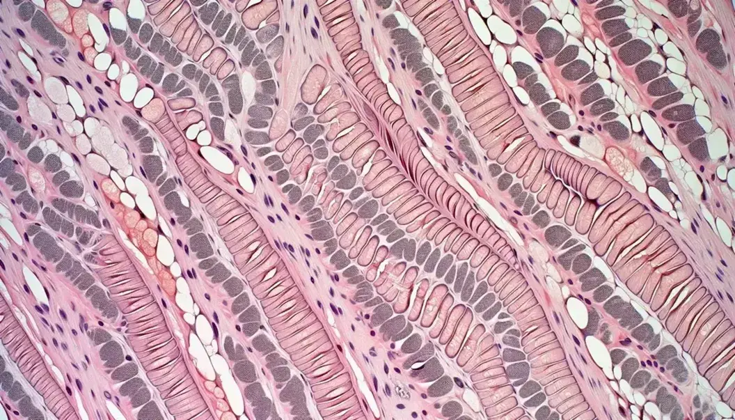 Vista microscópica de tejido muscular cardíaco estriado con fibras paralelas, bandas transversales y discos intercalados destacados en tonos rosados.